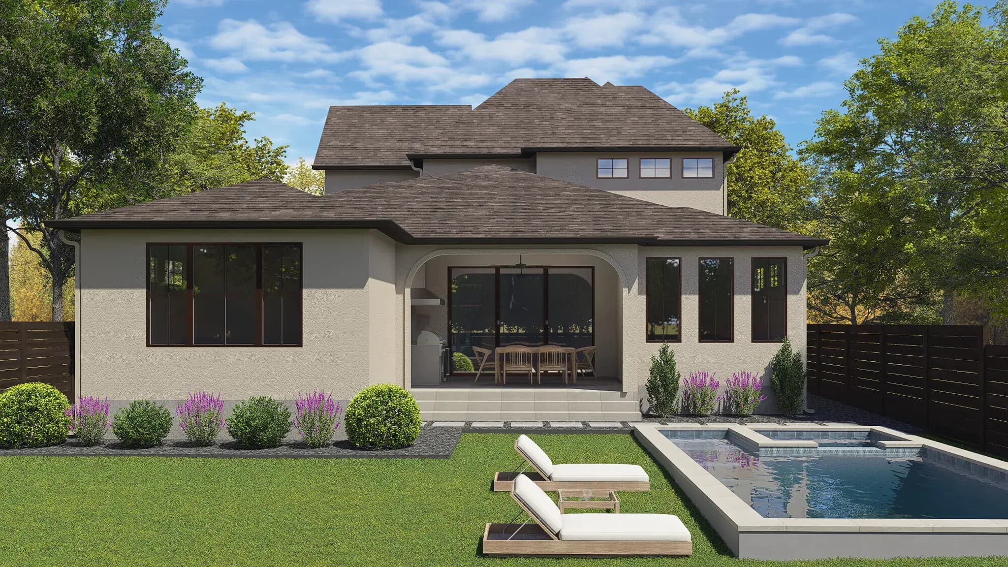 Rendering of the rear exterior of 1405 Karen Avenue with covered porch, pool and spa