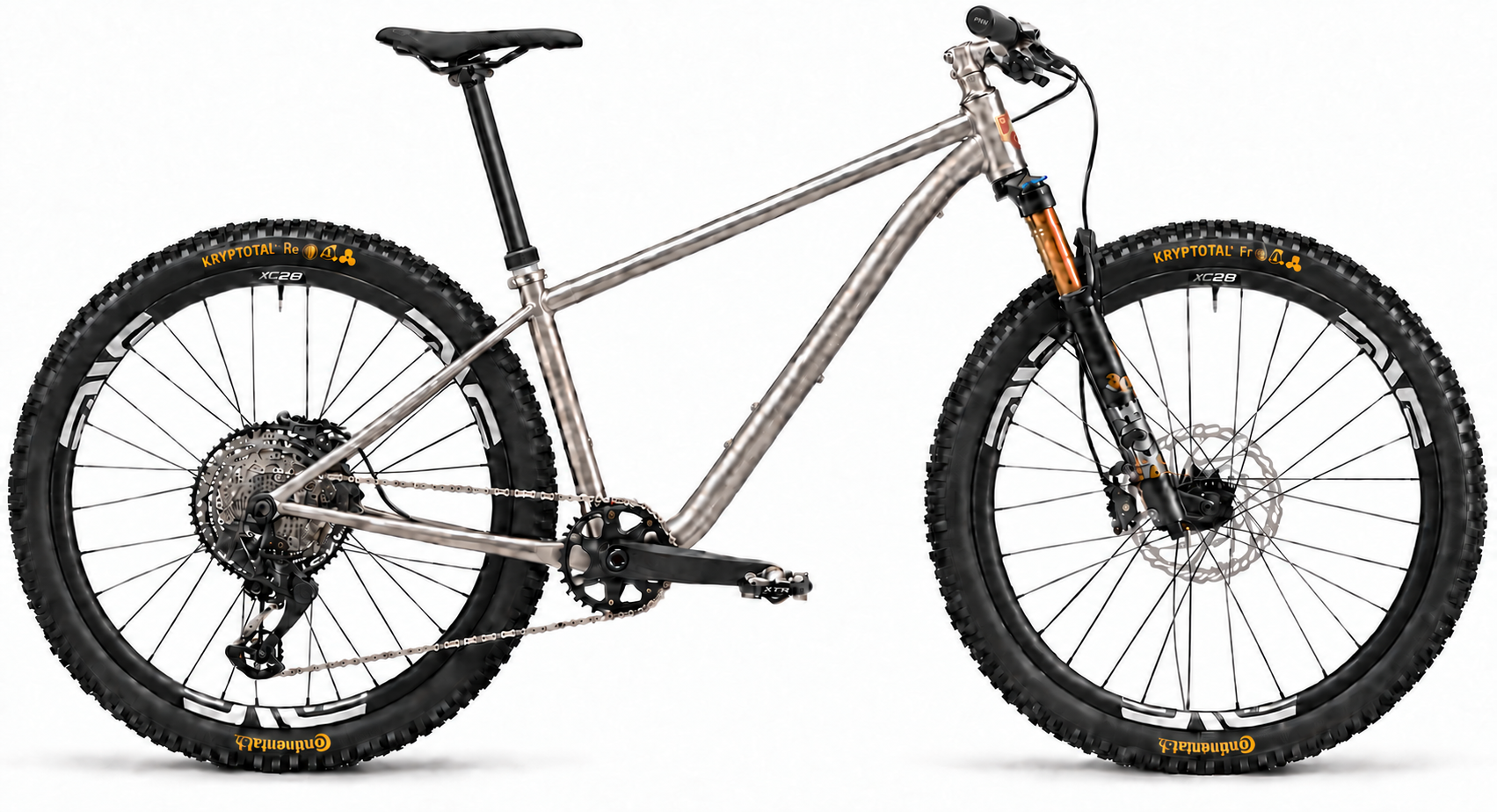Drive-side illustration of a brushed titanium Lynskey Olympus hardtail with a red-and-gold shield head badge, black Fox fork and gold stanchions, silver cockpit, stealth-black dropper post, black Kryptotal tires with yellow lettering, ENVE wheels with large silver graphics and crossed spokes, and wireless SRAM drivetrain.